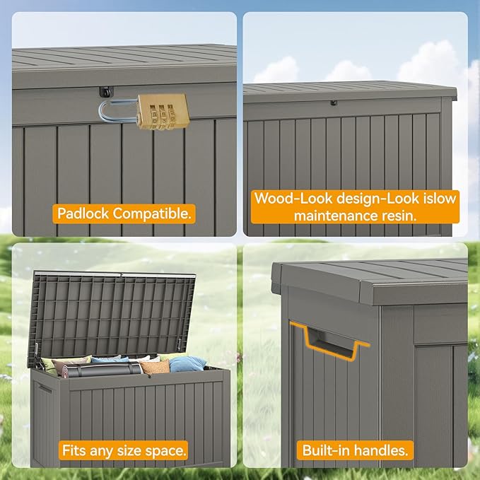 NUNU LAB 270 Gallon Large Resin Deck Box, Waterproof Outdoor Storage Box, Lockable Storage Bin for Patio Furniture, Garden Tools, Pool Accessories, UV-Resistant & All-Weather, Grey
