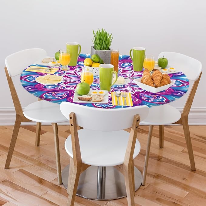 Mandala Vintage Flowers Round Table Cloth Cover, Elastic Edge Waterproof Wipeable Tablecloths 45"-56" Polyester Tablecloth for Party Restaurant Banquet Holiday Camping Outdoor Picnic