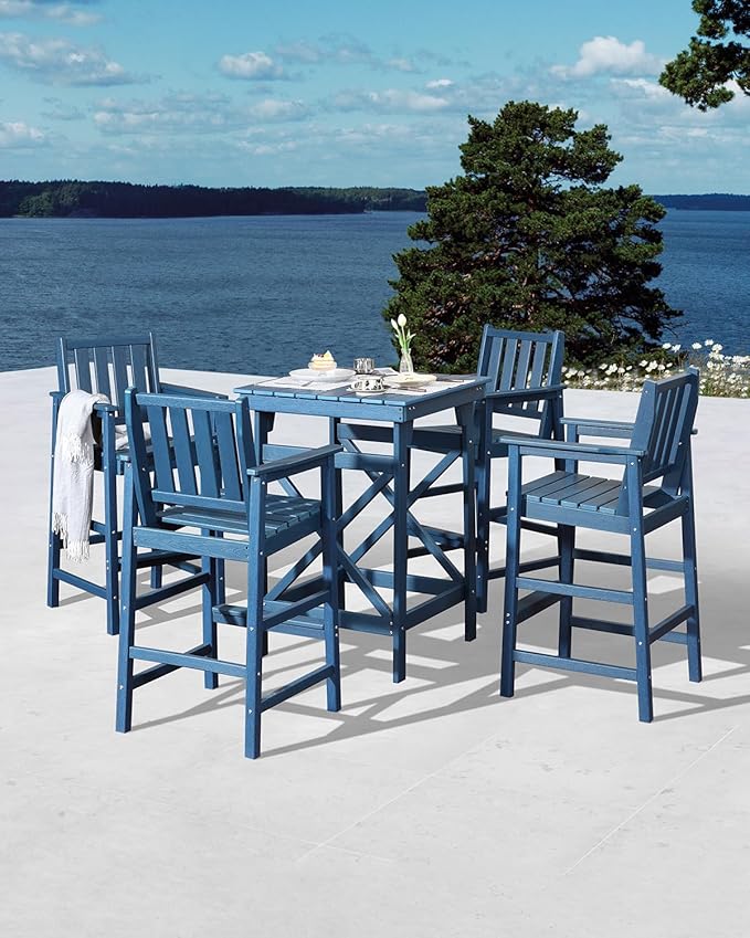 5 Pieces Adirondack Bar Chairs Set, HDPE Patio Bar Height Table and Chairs, Tall Adirondack Outdoor Bar Stools Set, HDPE Patio Bar Table Sets Furniture for Poolside, Balcony, Garden, Navy