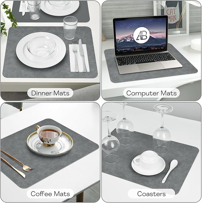 Faux Leather Placemats Set of 6 Table Mats Heat Resistant Reversible Place Mats, Waterproof Wipeable Dining Table Place Mats for Kitchen/Dining/Party/Outdoor,15.8 × 11.8 inches (Washed Grey)