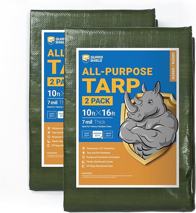GUARD SHIELD Green Tarp Waterproof 10x16 Feet Medium Duty All Purpose Poly Tarps Cover 7mil (2-Pack)