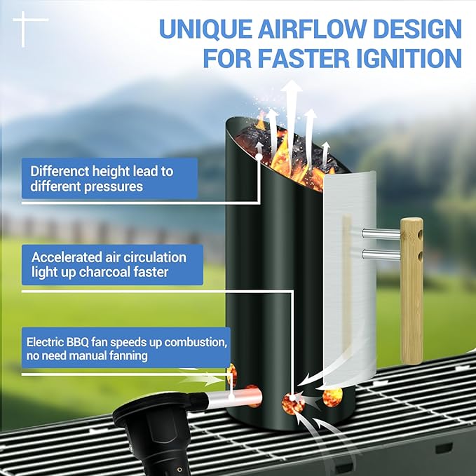 Charcoal Chimney Starter with Doubel Air Volume BBQ Fan and Insulation Gloves Set,Double Enameled Chimney Starter for Charcoal Grill with Wood Handle Insulation and Easy Grip