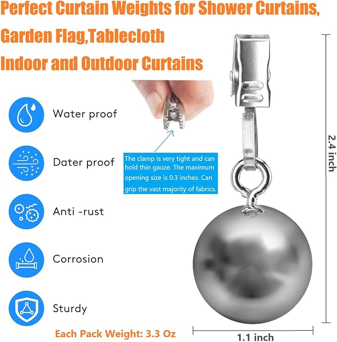 20 Pack Weights for Curtain, Outdoor Curtain Weights, Curtain Weights Outdoor Drapery for Pergola Patio Gazebo Cabana, Stainless Steel Weight Clip Down Curtain, Garden Flag, Shower Curtain, Tablecloth