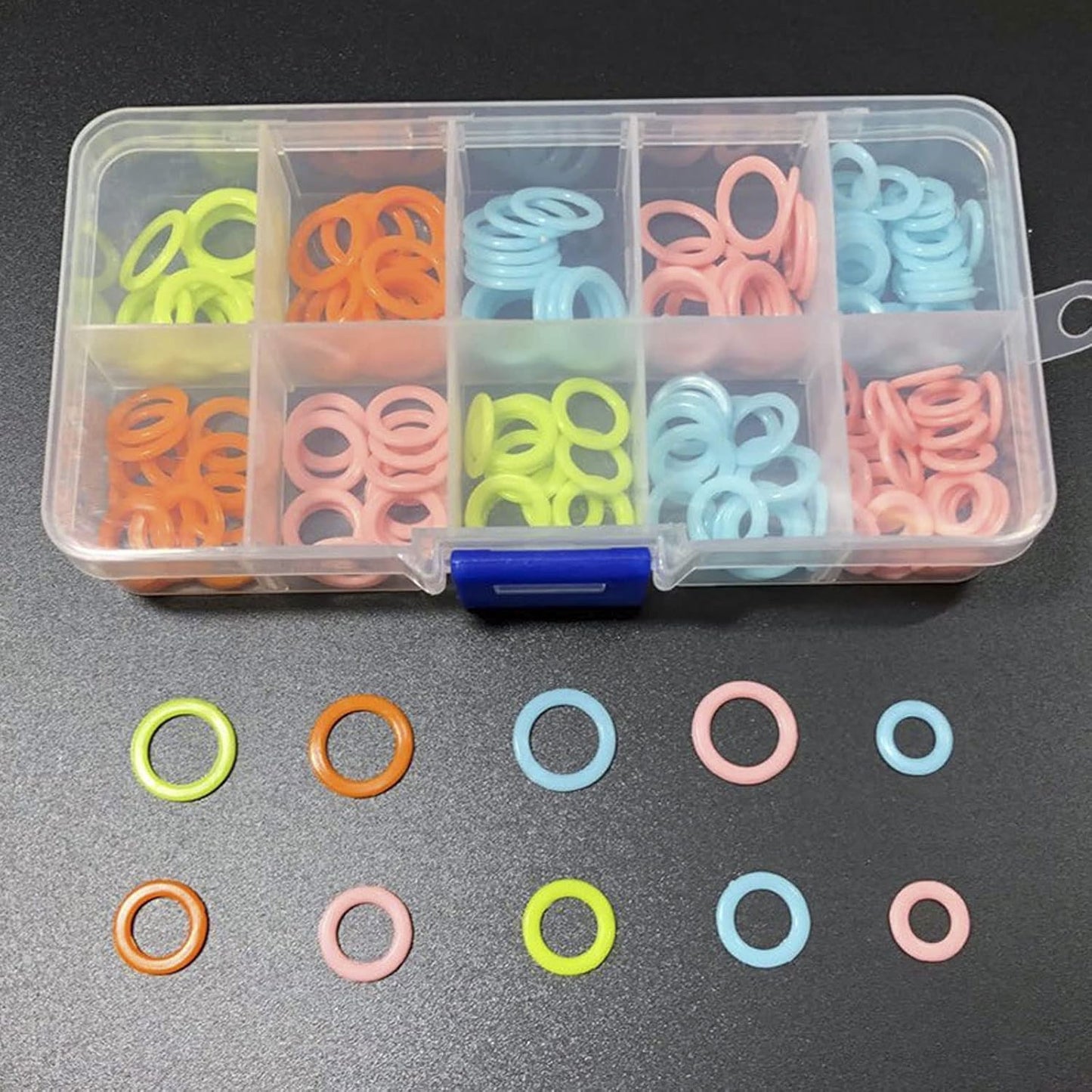 Hilsayum 240PCS Round Knitting Stitch Rings Plastic Crochet Stitch Markers with 10 Grid Storage Box Sewing Accessories