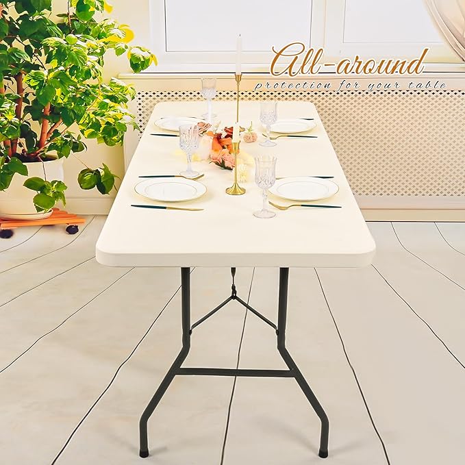 10 Pack Stretch Fabric Table Top Cap Cover, Ivory Table Covers fits 6Ft Tables, Washable Elastic Universal Rectangle Tablecloth Protector for Indoor Outdoor Party Picnic Wedding (30" W x 72" L)