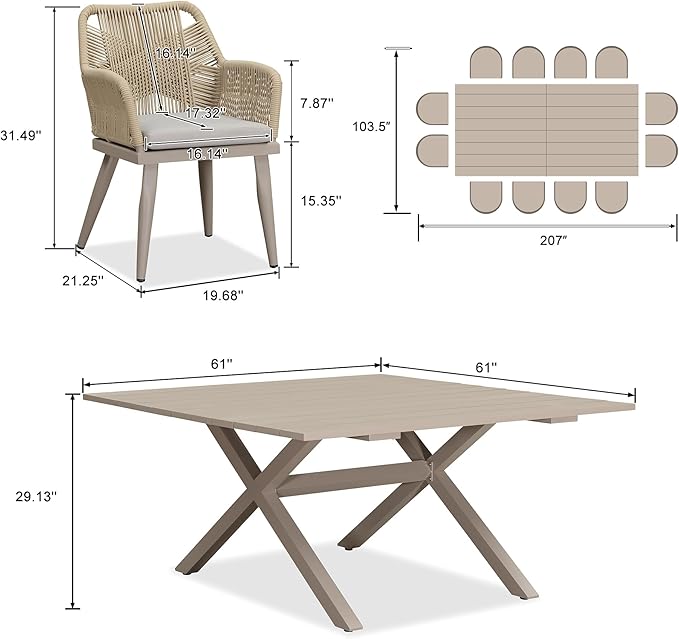 PURPLE LEAF 14 Pieces Outdoor Patio Dining Set All-Weather PE Rattan Furniture Set with All Aluminum Frame Sqaure Table and Chairs Set for 12 People Lawn Garden Backyard Deck, Champagne