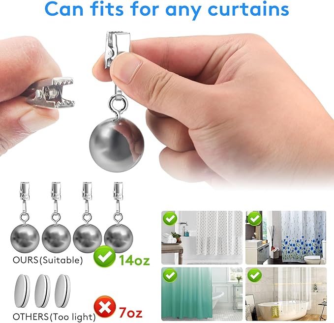 4 Pack Shower Curtain Weights, Prevent Curtain Liner from Blowing Around, Stainless Steel Shower Liner Weights Clip Down Curtain, Garden Flags Tablecloth