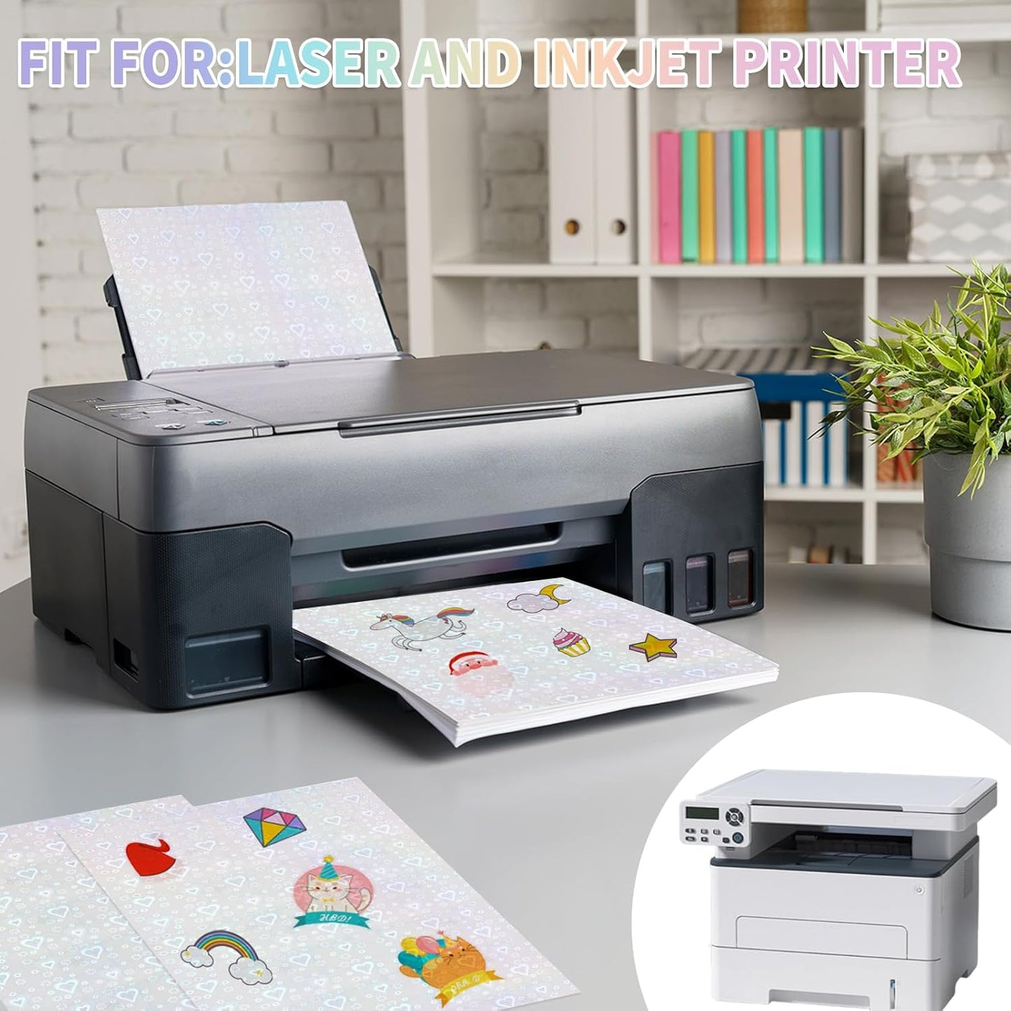 20 Sheets Holographic Sticker Paper,8.5x11 Inch Clear Printable Vinyl Sticker Papers,Self-Adhesive Waterproof for Inkjet/Laser Printer（Clear Heart）