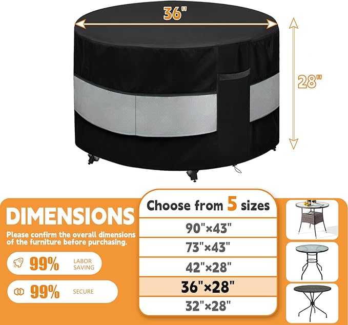 Round Patio Furniture Cover Black Grey Waterproof Up to 10000pa for 36 x 28 Inch Outdoor Round Dinner Table Covers