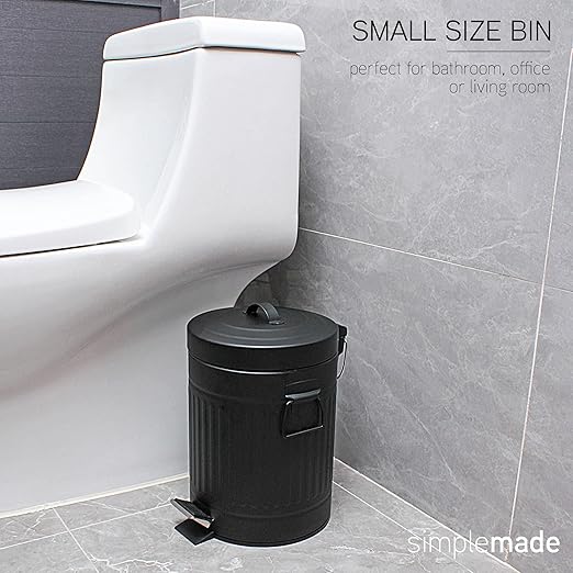 SIMPLEMADE Round Step Trash Can, Stainless Steel with Lid, Small Metal Wastebasket/Garbage Can for Bathroom, Office, Black, 5 Liter / 1.3 Gallon -