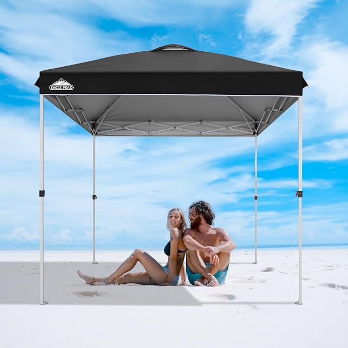 EAGLE PEAK Pop Up Canopy Tent with Wheeled Carry Bag, 8 Stakes, 4 Ropes, Easy Set Up Tent Canopy, 8x8 ft, Black