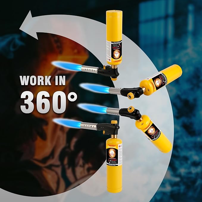 KOOKCOOK Propane Torch Head,Quad-Flame Blow Torch Kit with Propane Tank Base for MAPP MAP Gas,Work in All Angle,Trigger Start Torch Gun Ideal for Welding Brazing Soldering Grill Camping Cooking Food