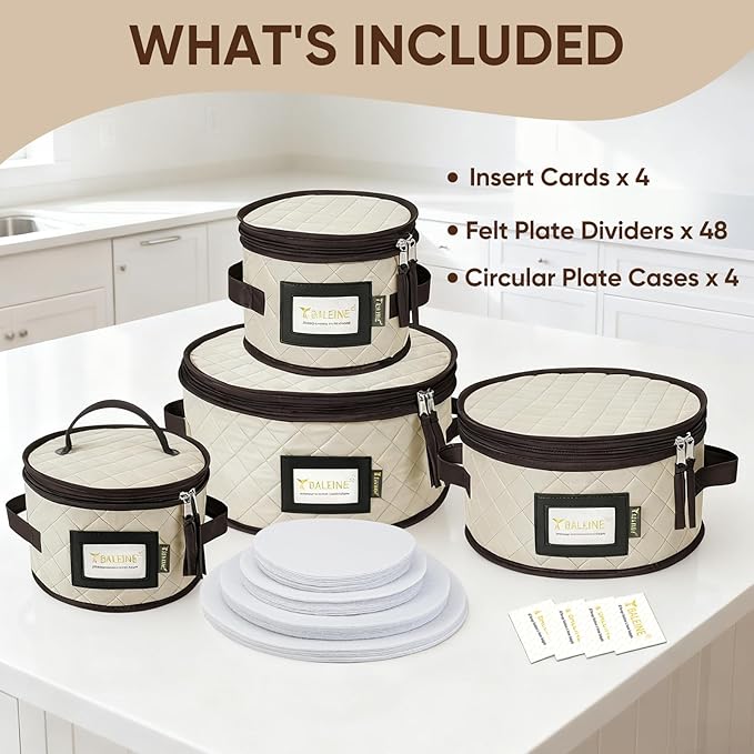 BALEINE China Storage Containers, Soft Shell Case for Organizing, Stackable Moving Storage Box with Felt Plate Dividers for Dishes, Glasses, Mugs (Plate Set, Cream)
