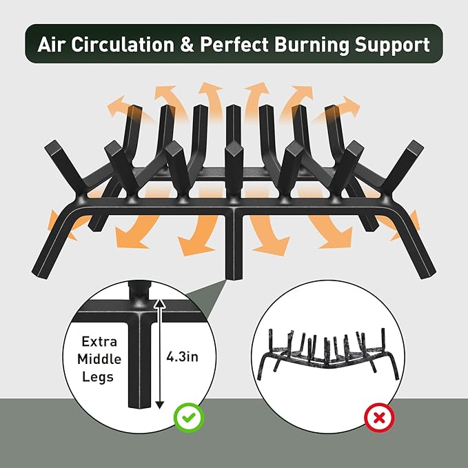 mestyl Fireplace Grate 24 Inch Heavy Duty Wrought Iron Fireplace Log Grate, 3/4" Bar Fire Grates, Firewood Log Burning Rack for Outdoor Wood Stove Pit & Fireplace Log Holder Indoor