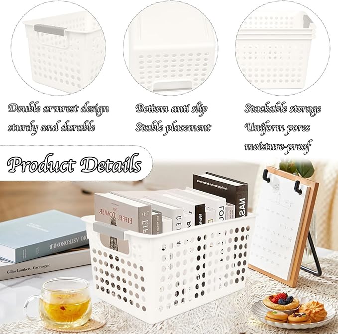 Plastic Storage Baskets, 4 Pack Narrow Organizing Baskets White Storage Bins With Handles Kitchen Storage Containers, Plastic Organizing Bins For Desk Garage Cabinet, 10.62 x 7.08 x 5.51 Inch
