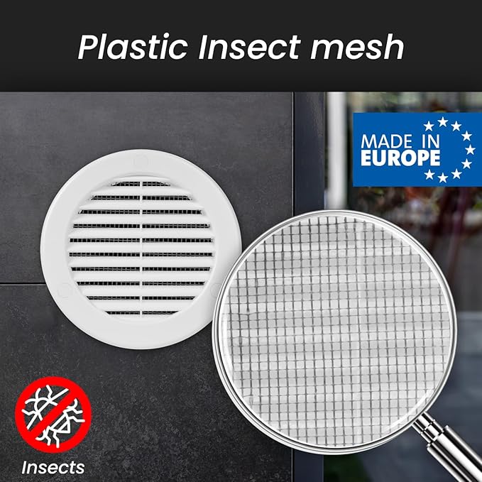 Repa Market 4 Inch (Opening) White Round Air Vent Cover - Pack of 5 Plastic Fresh Air Intake Vent - Grill Cover with Nylon Mesh Screen - Wall or Ceiling HVAC Return Air Register - Modern Soffit Vents