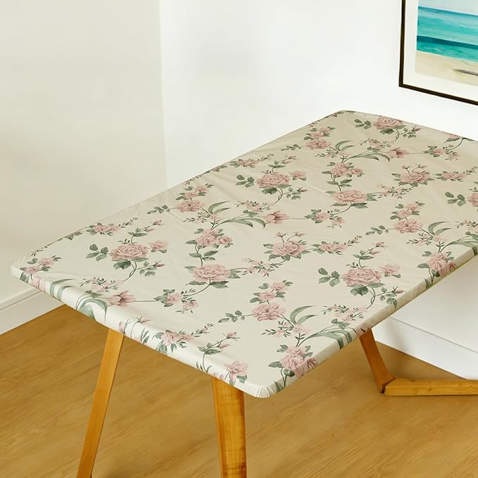 Rectangle Picnic Table Cloth, Elastic Waterproof Fitted Vinyl Tablecloths for 8 Foot Tables, Wipeable Flannel Backed Table Covers for Dining, Camping, Outdoor(Rose,30"x96")