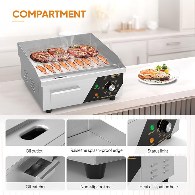 ROVSUN 14" Electric Countertop Flat Top Griddle, 1500W Electric Griddle, Teppanyaki Grill Stainless Steel with Adjustable Temperature Control 122°F-572°F for Home Restaurant Commercial