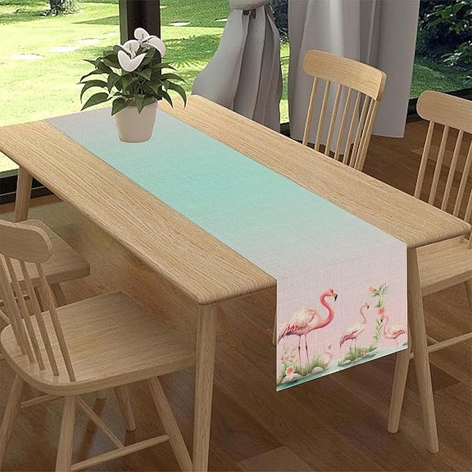 Flamingo Table Runner,Teal Pink Flamingo Family with Flowers Grass Watercolor Style Table Center Decor for Family Kitchen and Living Room Outdoor Farmhouse Party Table Decorations, 13"x108"