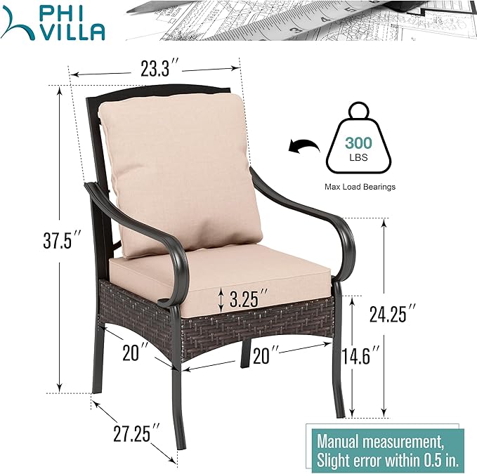 PHI VILLA Outdoor Dining Chairs Set of 4, Heavy Duty Outdoor Metal Wicker Dining Chair with Thickened Cushions, Large All Weather Wrought Iron Patio Chair for Balcony