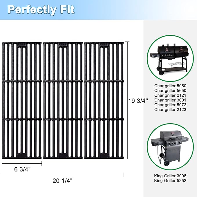 Adviace Grill Grates for Char Griller 5050, 5650, 2121, 3001, 5072, 2123, 2828, 3072, 3030, 4000, King Griller 3008, 5252, 19 3/4 Inch Cast Iron Grate Grid for Char-Griller 5050 Replacement Parts.