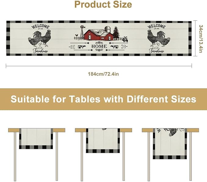 Rooster Table Runners, Black White Buffalo Plaid Rustic Cow Farm Animal Table Runner for Wedding Coffee Dining Table Party Home Farmhouse 13x108in
