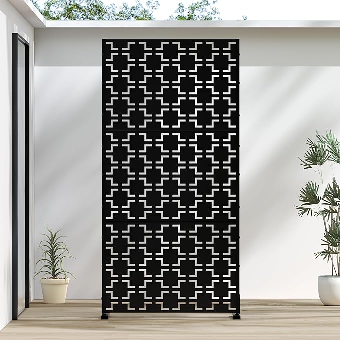 Casaphoria Metal Privacy Screen Outdoor, 72" H x 35" W Freestanding Decorative Privacy Screen for Patio Deck Balcony Garden with Stable Base, Black-Brick