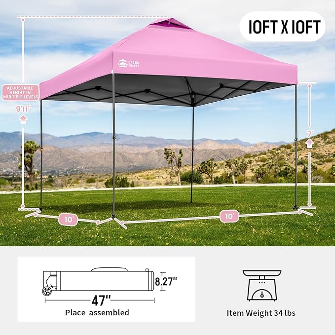 CROWN SHADES Adjustable Height on The Fly, 10x10 Pop Up Canopy - Beach Tent with One Push Setup - Easy Outdoor Sun Shade for Events, Parties, Camping - Outside Shade with STO-N-Go Bag, Pink