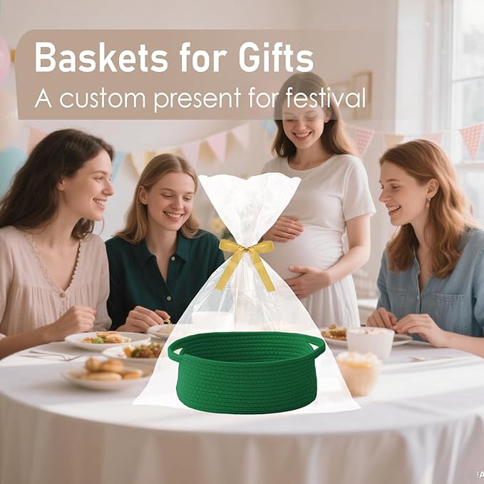 Woven Basket,Small Rope Storage Bin with Handles & Ribbon Bag, Organizer for Shelves Closets,Gift Basket Empty for Birthday,Books,Dog Toys, Green