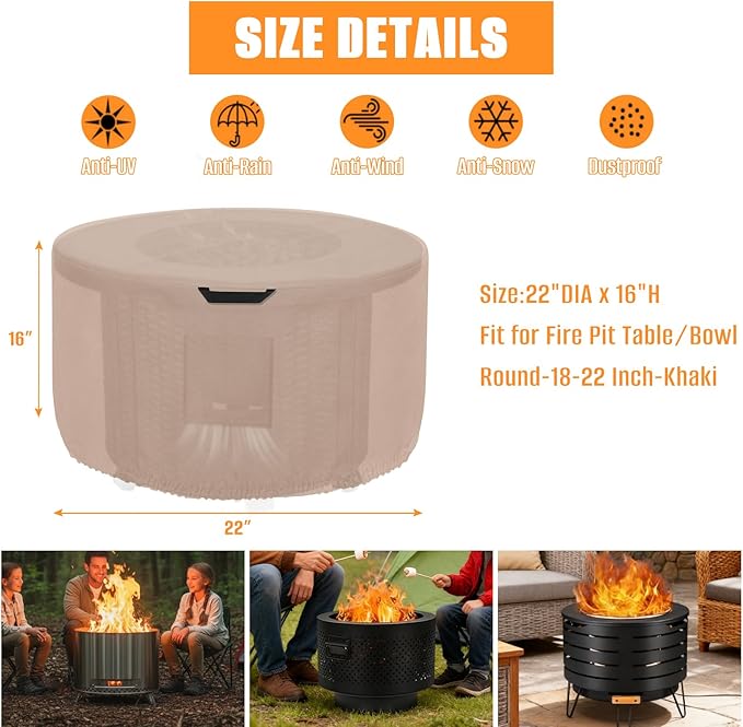 Kovshuiwe Round Fire Pit Cover-600D Fabric Waterproof and Resistant Material，Fits Outdoor For 18-22 Inch Fire Pit /Table Cover, Patio Fire Bowl Cover-22"DIA x 16"H, Khaki