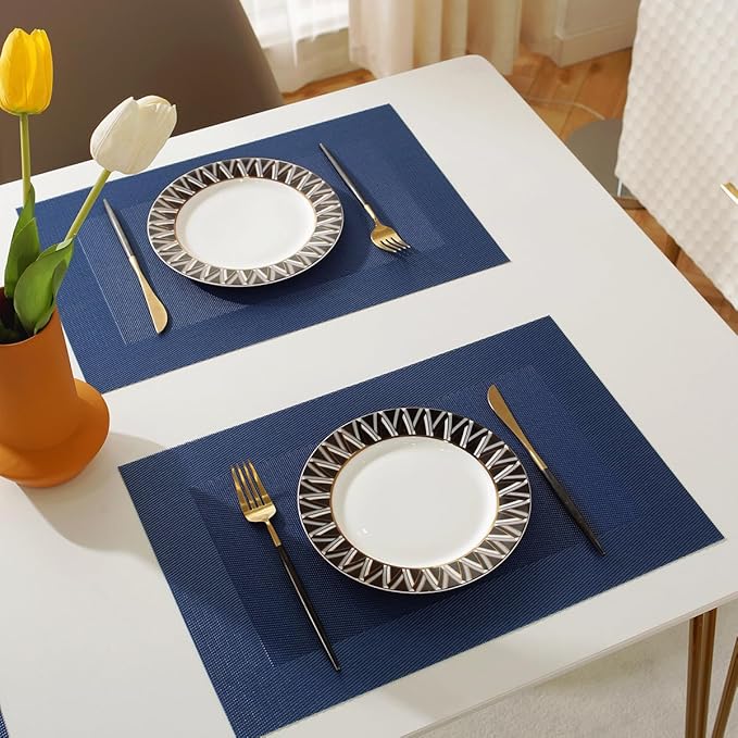 Vinyl Placemats Heat-Resistant Table Mats Washable Easy Clean Plastic Placemats for Dining Table Set of 4(Blue)