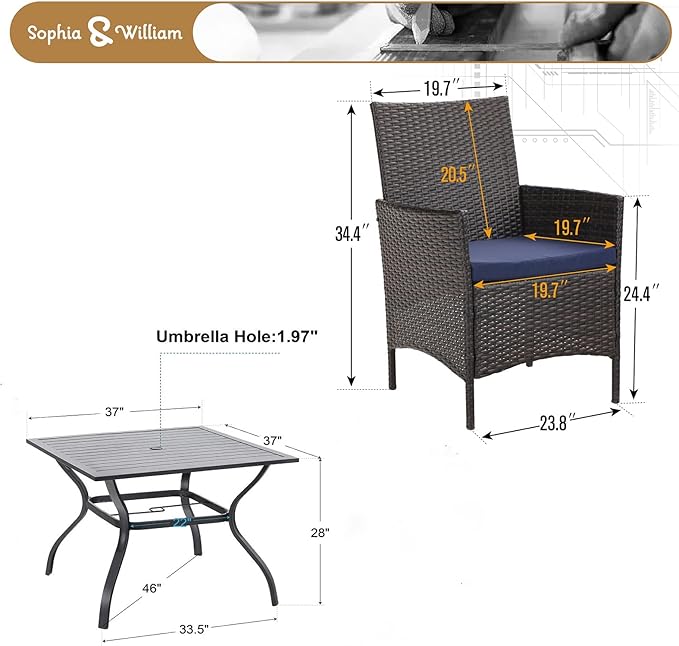 Sophia & William Patio 6 Pieces Dining Set with 4 PE Rattan Chairs, 1 Square Metal Table and 1 10ft 3 Tier Auto-tilt Umbrella Navy, Modern Outdoor Dining Set for Poolside, Porch, Patio, Balcony