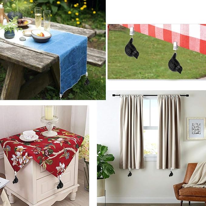 OwnMy Set of 4 Black Tablecloth Weights Clip on, Heavy Duty Pendant Tablecloth Weights Kit with Cast Iron Antique Birds, Flag Weights Clips for Outdoor Garden Party Picnic Tablecloths