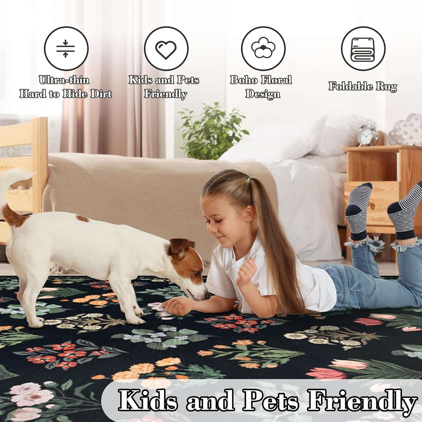 Wonnitar Floral Print Rug for Living Room, Black Washable 5x7 Area Rugs, Ultra-Thin Non Slip Stain Resistant Bedroom Carpet for Dining Room Playroom Office Dorm, Black/Multi