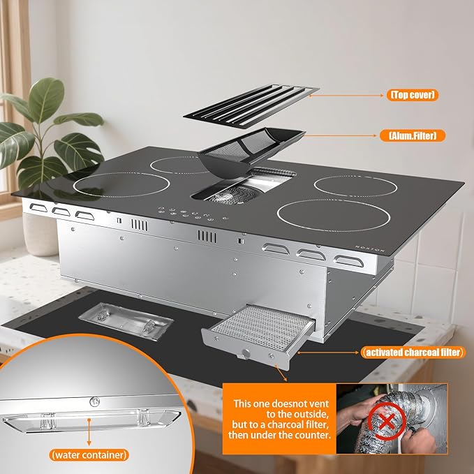 Noxton 30”Electric Cooktop with Downdraft Vent, 4 Burner Radiant Stove Top, 6000W, 240V Hardwired, 9 Heat Settings, 99-Min Timer, Pause & Child Lock(No Exhaust Pipe Required)
