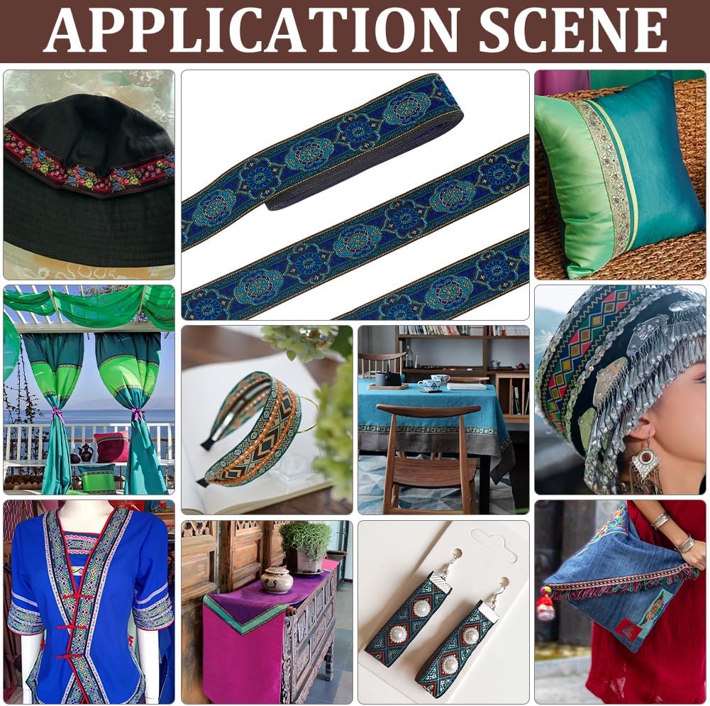 PH PandaHall 1.3 Inch Vintage Jacquard Ribbon, 7 Yards Emobridered Woven Ribbon Boho Fabric Sewing Woven Ribbon Persian Floral Trim Fringe Decor Trim for Ramadan Clothing Embellishment Decoration