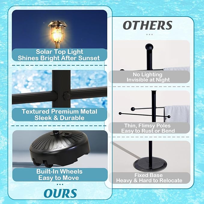 Sturdy & Solar-Powered Pool Towel Rack Outdoor - Adjustable Towel Racks with Wheels & Lights for Backyards