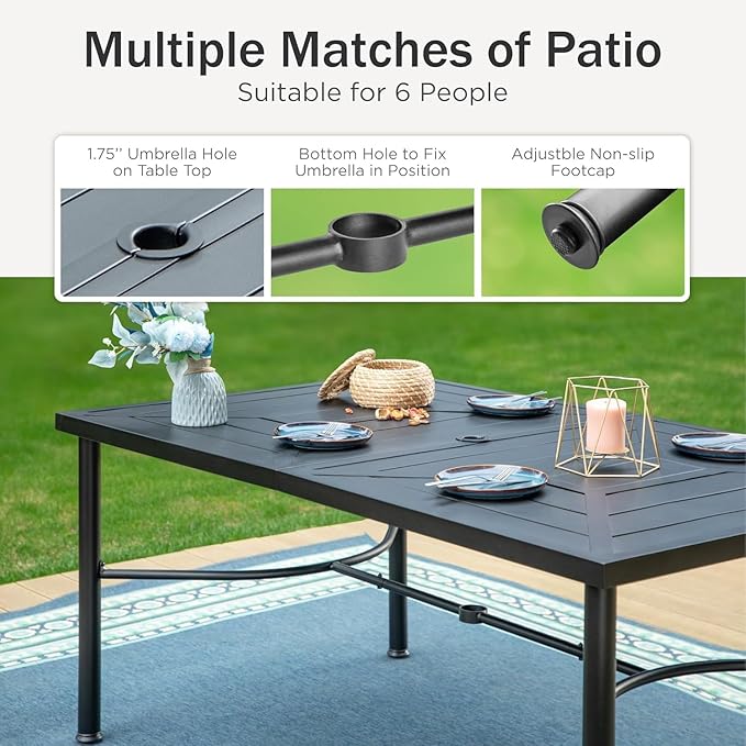 PHI VILLA 7 PCS Outdoor Dining Sets, All-Weather Patio Table and Chairs Set for 6, Heavy Duty Rectangle Patio Table Set for Deck, 6 Extra Large Outdoor Swivel Chairs with Thick Cushions