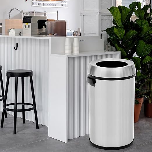 GarveeHome 17 gal/65 L Open Top Trash Can, Stainless Steel Rubbish Bin, Commercial Grade Waste Container, Round Garbage Can for Outdoor, Home Office, Restaurant, Silver