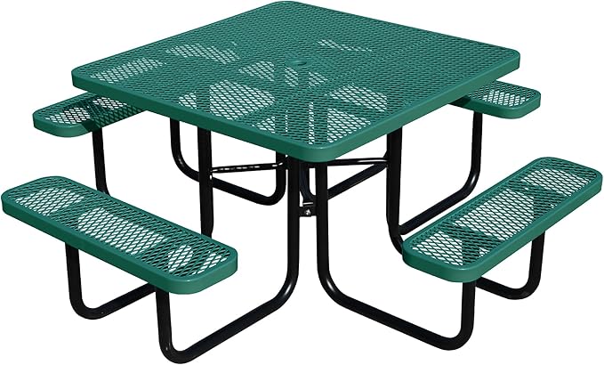 46'' Square Metal Picnic Table for Outdoors, Commercial Steel Metal Picnic Tables, Heavy Duty Sturdy Picnic Tables Furniture Set for Patio Garden Courtyard BBQ, with Umbrella Hole, Green