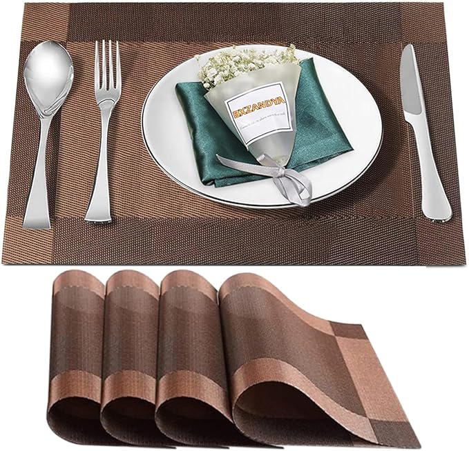 Placemats Set of 4,Washable,Heat and Stain Resistant Indoor/Outdoor Place mats,Vinyl Woven Non Slip Table Mats for Restaurant Table Protection,PVC Placemats(Brown,4PCS)