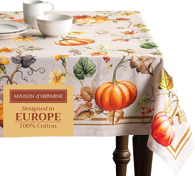 Maison d' Hermine Table Cloth Rectangle Table 100% Cotton 70 x 108 Inches Fall Tablecloth Reusable Everyday Use for Thanksgiving Christmas Decorations Dining Farmhouse Party (Potiron)