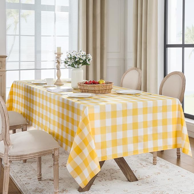 Softalker Gingham Checkered Tablecloth Rectangle - Outdoor Waterproof Buffalo Plaid Table Cloth, Stain Resistant Washable Table Cover for Picnic, Camping, Dining - Yellow and White, 54 x 78 Inch