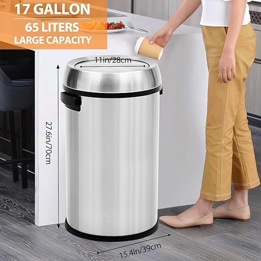 GarveeHome 17 gal/65 L Swing Top Trash Can, Stainless Steel Rubbish Bin, Commercial Grade Waste Container, Round Garbage Can for Outdoor, Home Office, Restaurant, Silver