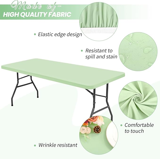 10 Pack Stretch Fabric Table Top Cap Cover, Sage Green Table Covers fits 6Ft Tables, Washable Elastic Universal Rectangle Tablecloth Protector for Indoor Outdoor Party Picnic Wedding (30" W x 72" L)
