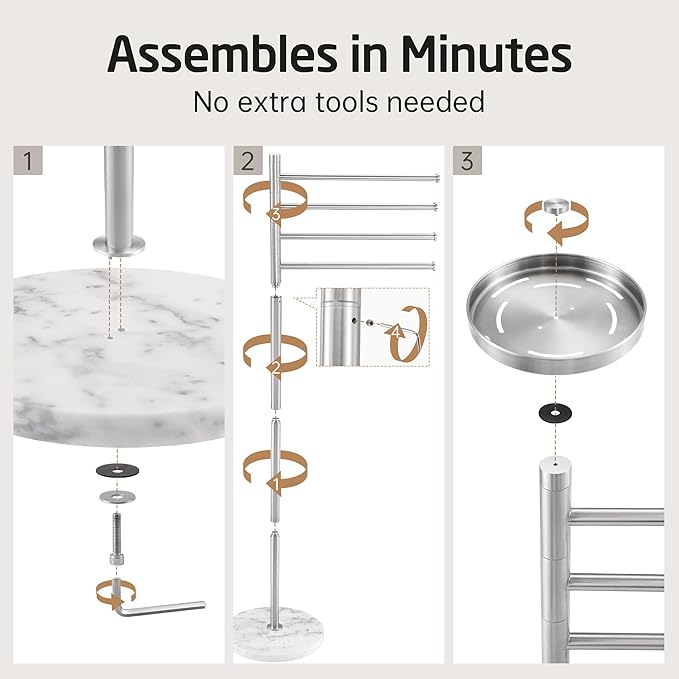 KES Hot Tub Towel Rack Outdoor with 1.5X Heavier Natural Marble Weighted Base, Pool Towel Rack with 360° Adjustable Arms & Storage Tray, 18/8 Stainless Steel, Brushed Steel, OTR203-2