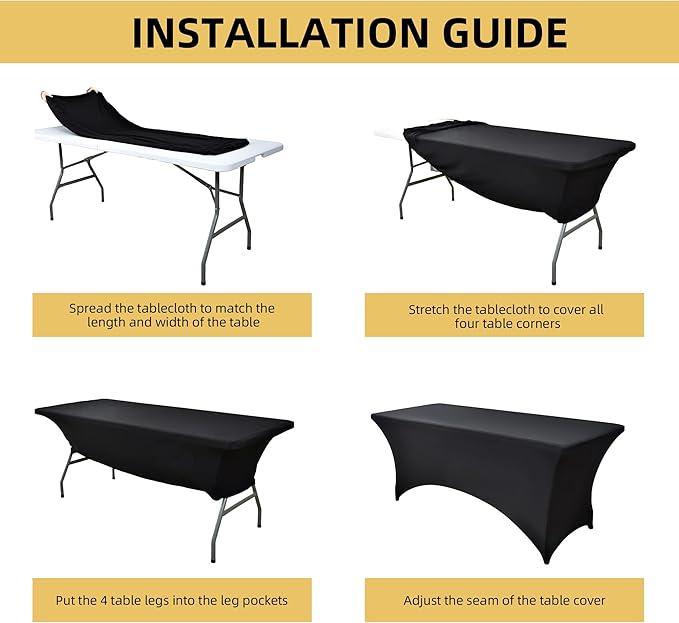 10-Pack 8ft Black Spandex Table Covers for Rectangle Folding Tables - Washable Elastic Tablecloth - Ultimate Fitted Table Protector for Parties, Trade Shows, Banquet, and Wedding