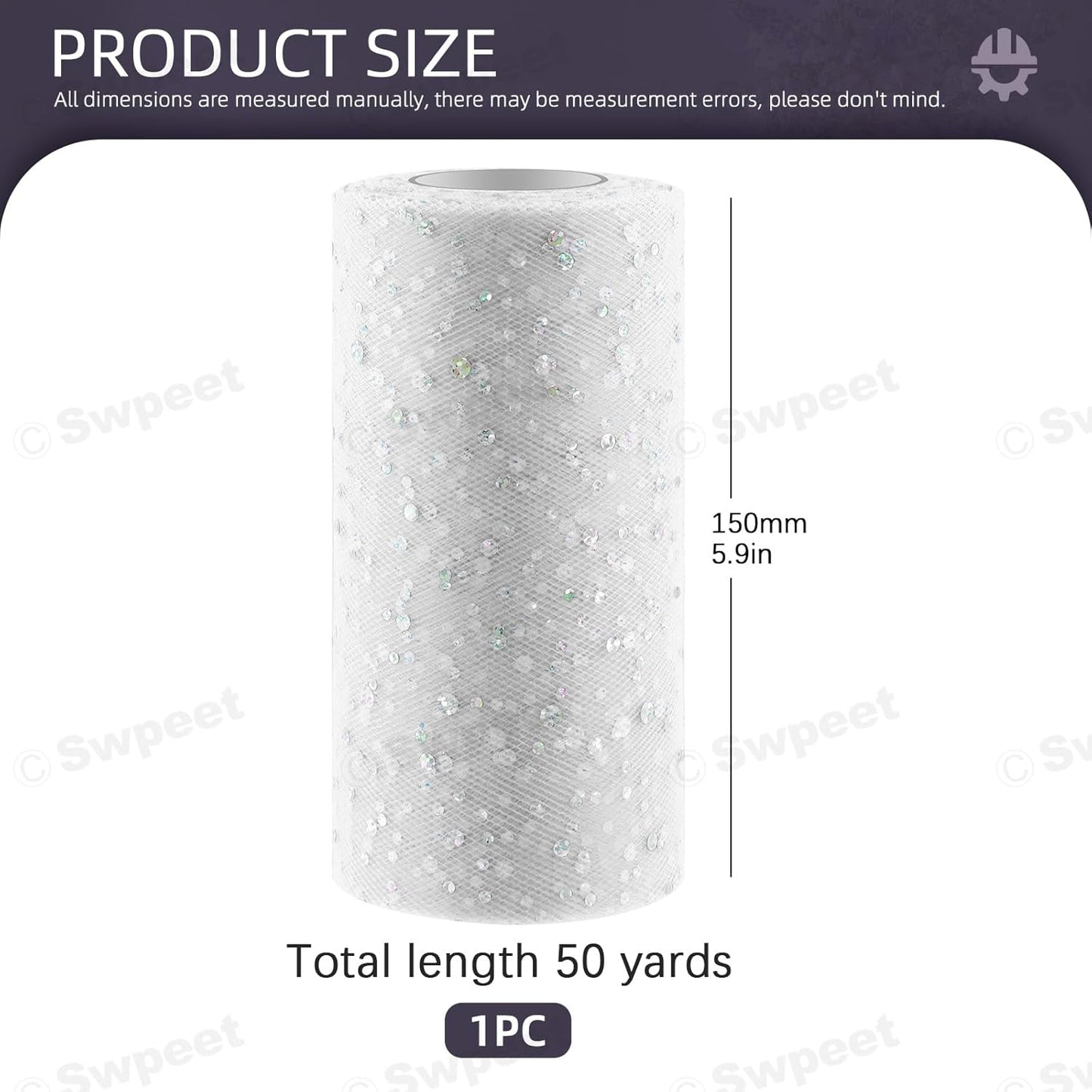 Swpeet 6 Inch by 50 Yards White Glitter Tulle Fabric Roll, Fabric Spool Sparkling Tulle Ribbon, Netting Polyester Spool for DIY Birthday Party Wedding Decorations Christmas Craft Supplies