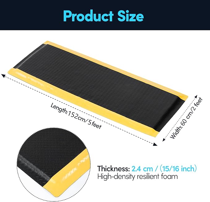 2 x 5 FT Anti Fatigue Mats Industrial 15/16 Inch Thick Soft Sponge Ergonomic Mat Durable Heavy Duty Diamond Plate for Standing Non Slip Industrial Grade Floor Mat for Leg & Back Pain