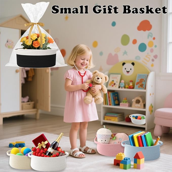 Gift Basket with Gift Bag and Ribbons,Small Rope Woven Shelf Storage,Baskets for Gifts Empty,Birthday,Baby Shower,Decorative Organizer Box with Handles(White&Black)